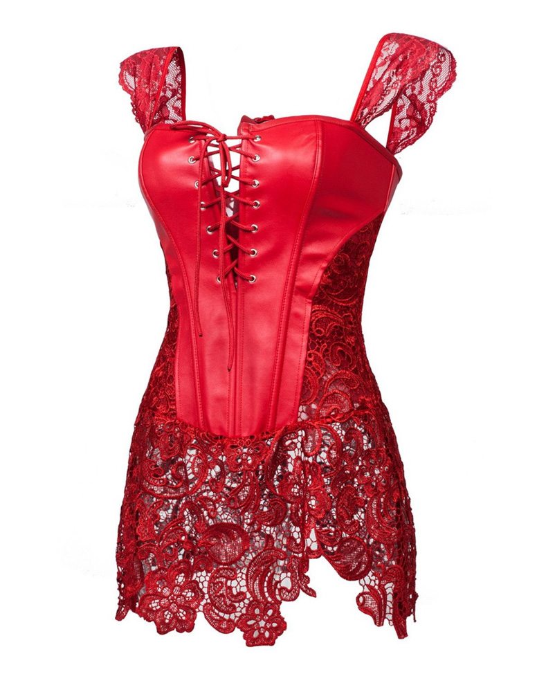 Faux Leather Shoulder Strap Corset with Lace Skirt