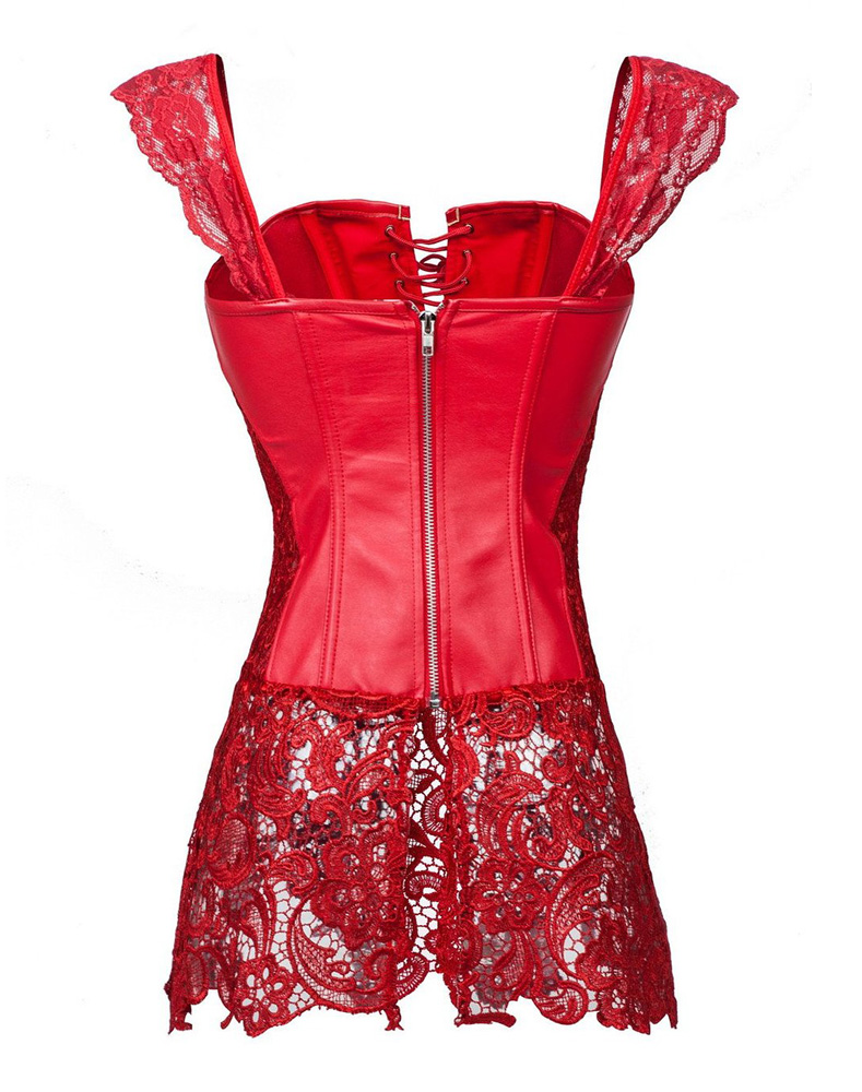 Faux Leather Shoulder Strap Corset with Lace Skirt