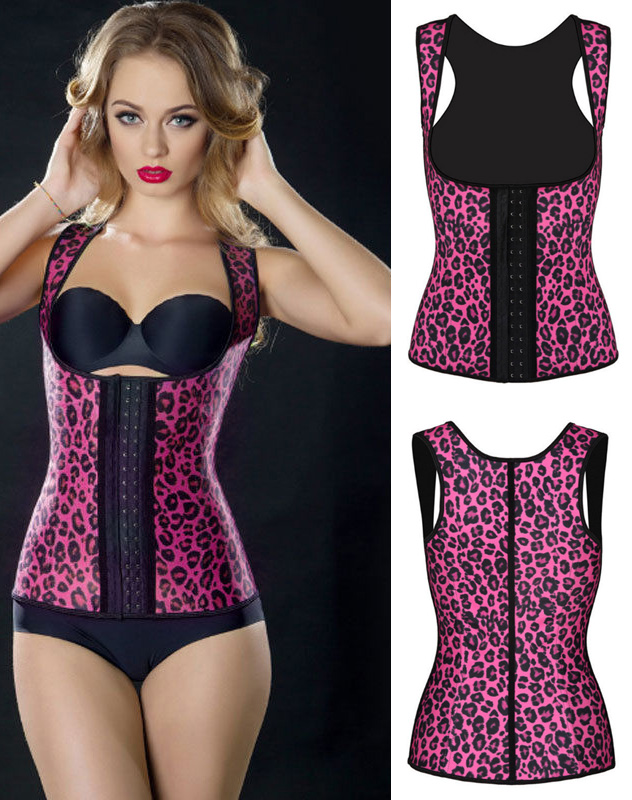 Latex Rubbber Steel Boned Body Shaper Red Leopard