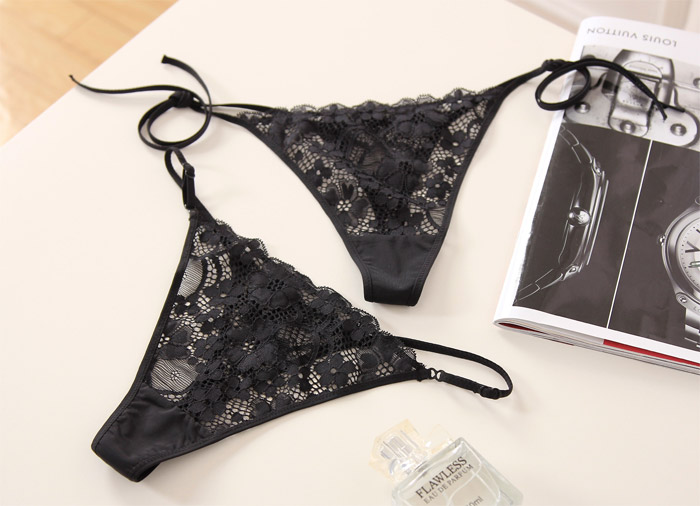 Sexy Side Tie Lace Thong Black