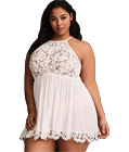 Plus Size High Neck Lace Babydoll White