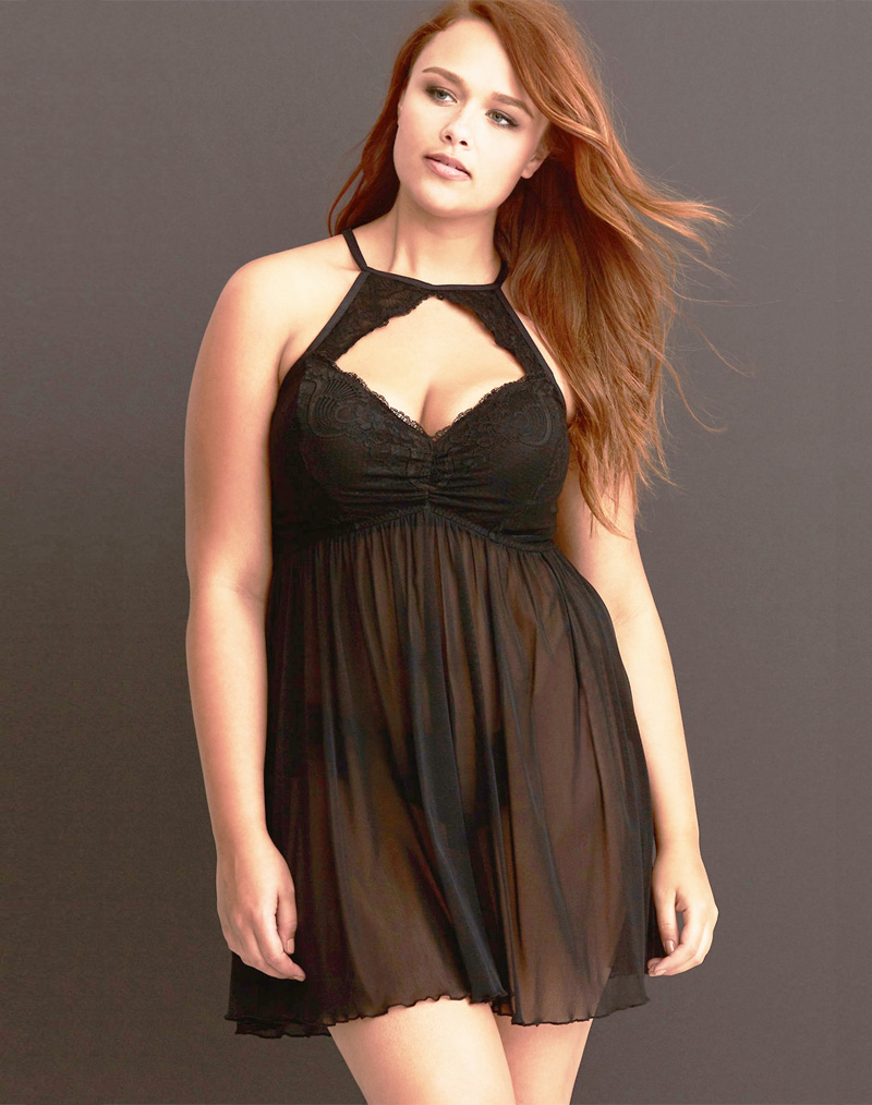 Plus Size Lace Halter Babydoll Black