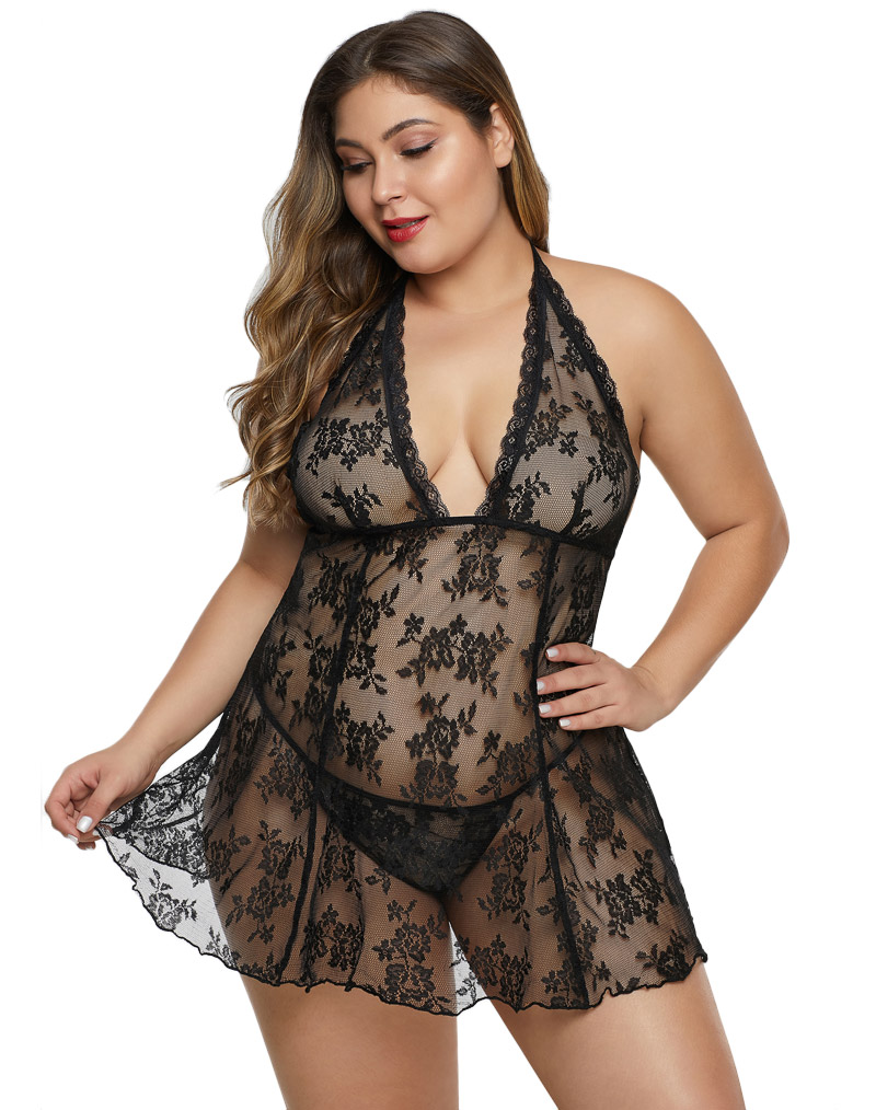 Plus Size Floral Lace Babydoll Black