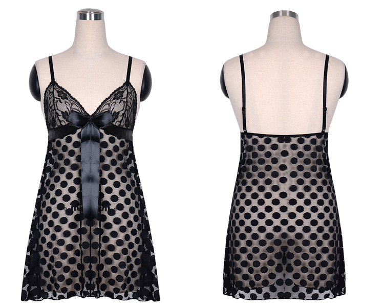 Mesh Babydoll Set With Polka Dots Black