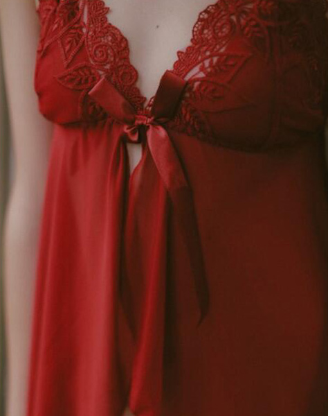 Embroidery Leaves Lace Top Babydoll Red