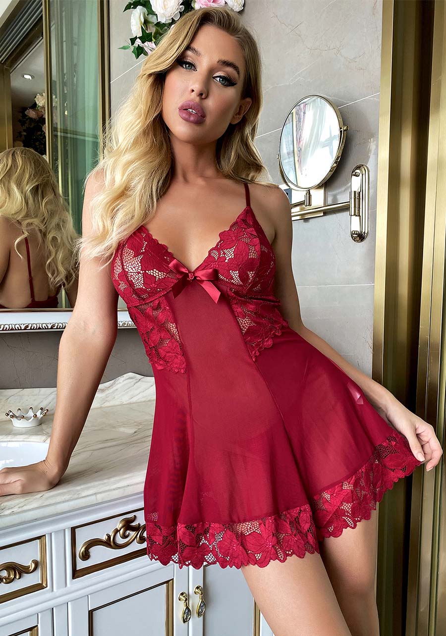 Elegace Lace Mesh Babydoll Red