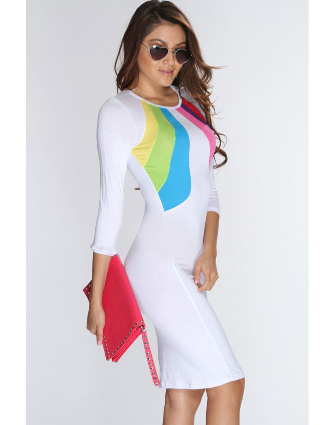 White Multi Color Block Knee Length Party Dress