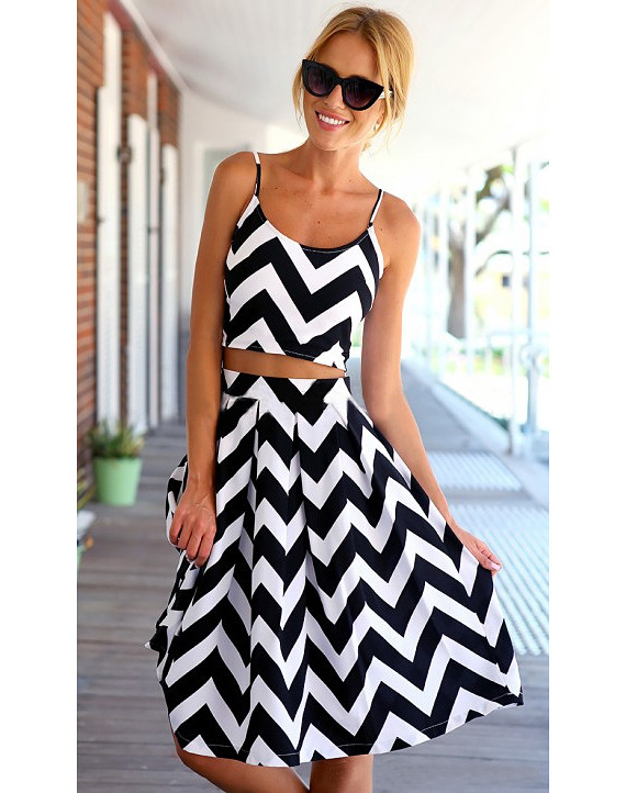 Stripe Spaghetti Midi Skirt Two Piece Set