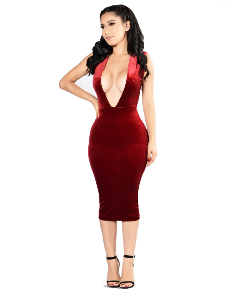 Velvet Deep-V Bodycon Dress