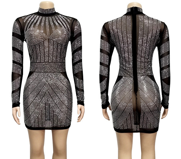 Mesh Rhinestone Long Sleeves Dress