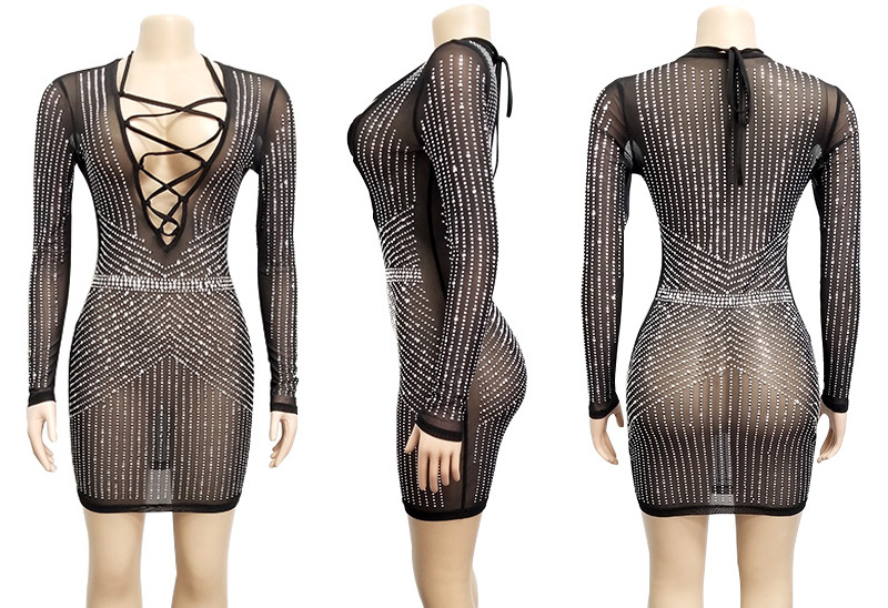 Mesh Rhinestone Deep V Dress