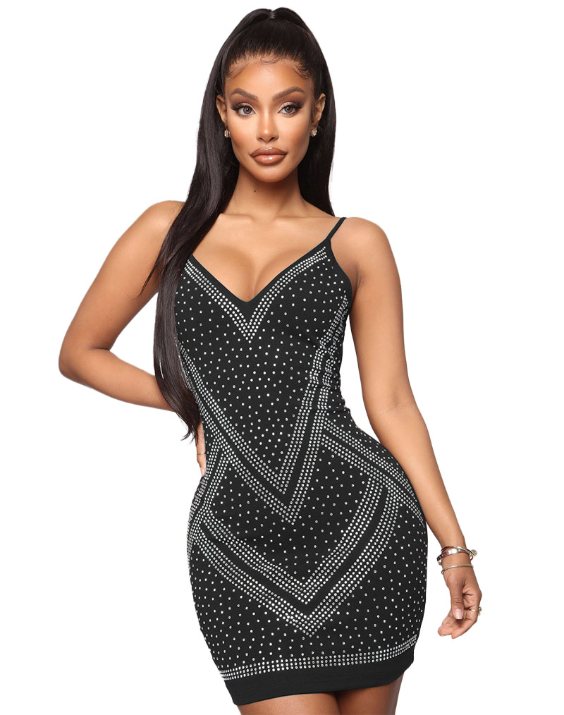 Rhinestone Sexy Mini Dress Black