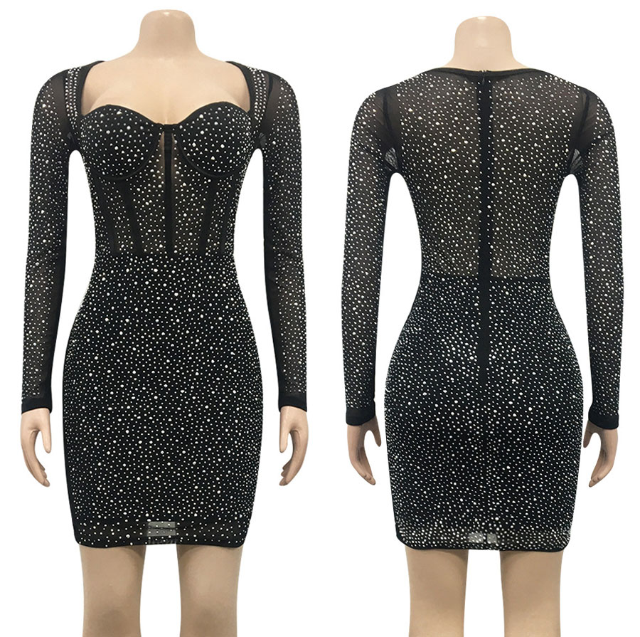 Starlight Mesh Rhinestone Dress Black