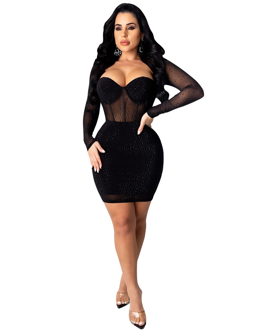 Starlight Mesh Rhinestone Dress Black