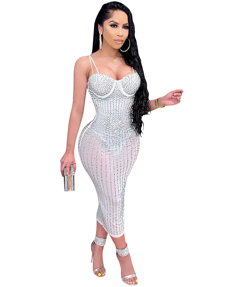 Starlight Mesh Rhinestone Gown White