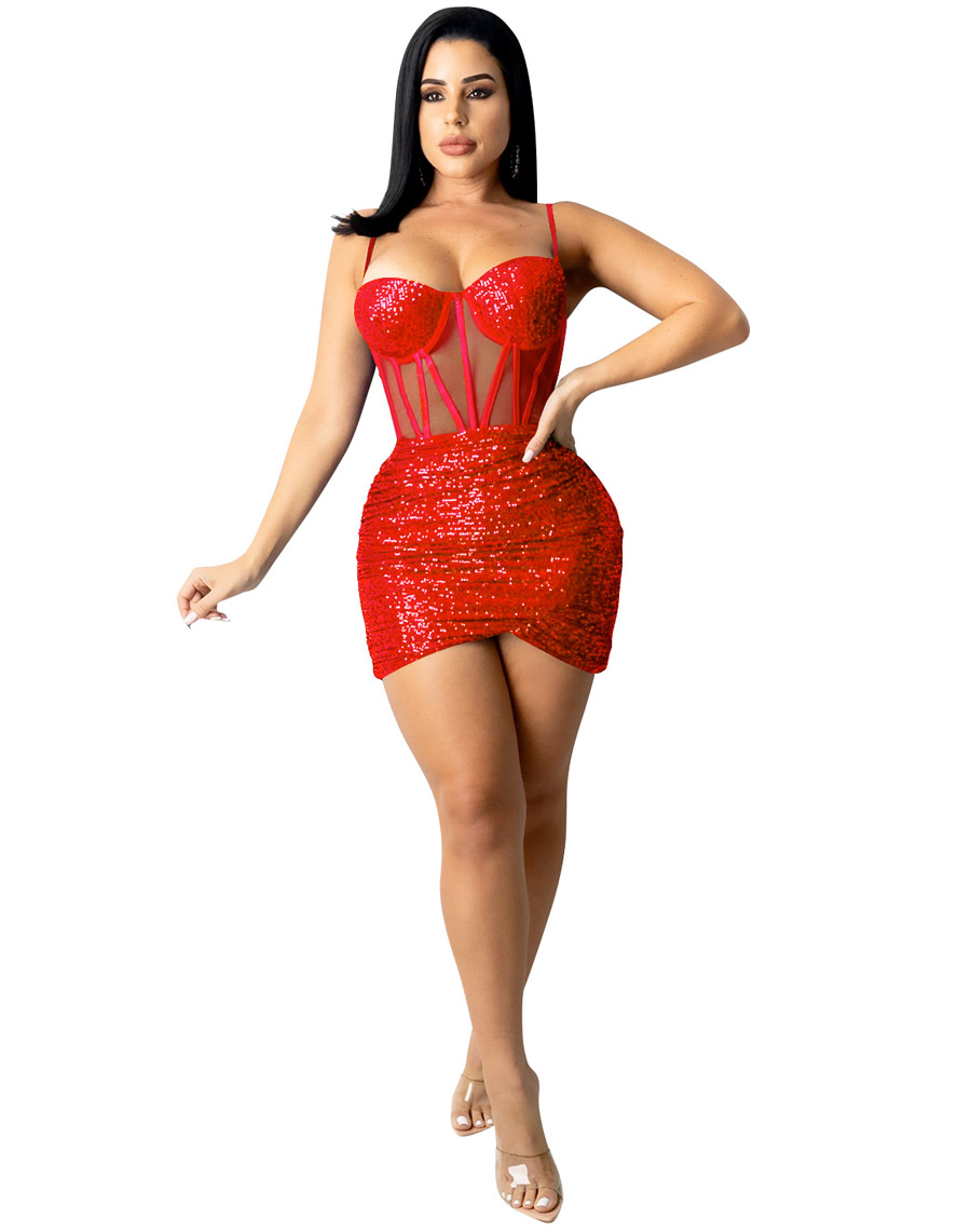 Striking Sequin Party Dress Red