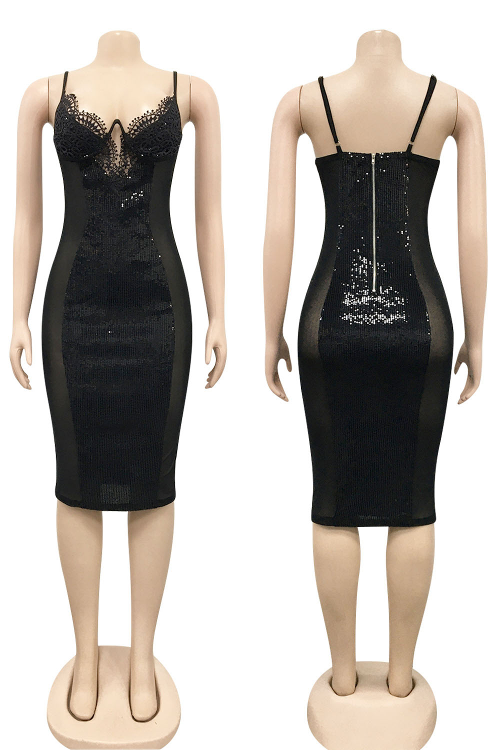Lace and Sequin Midi Dress Black