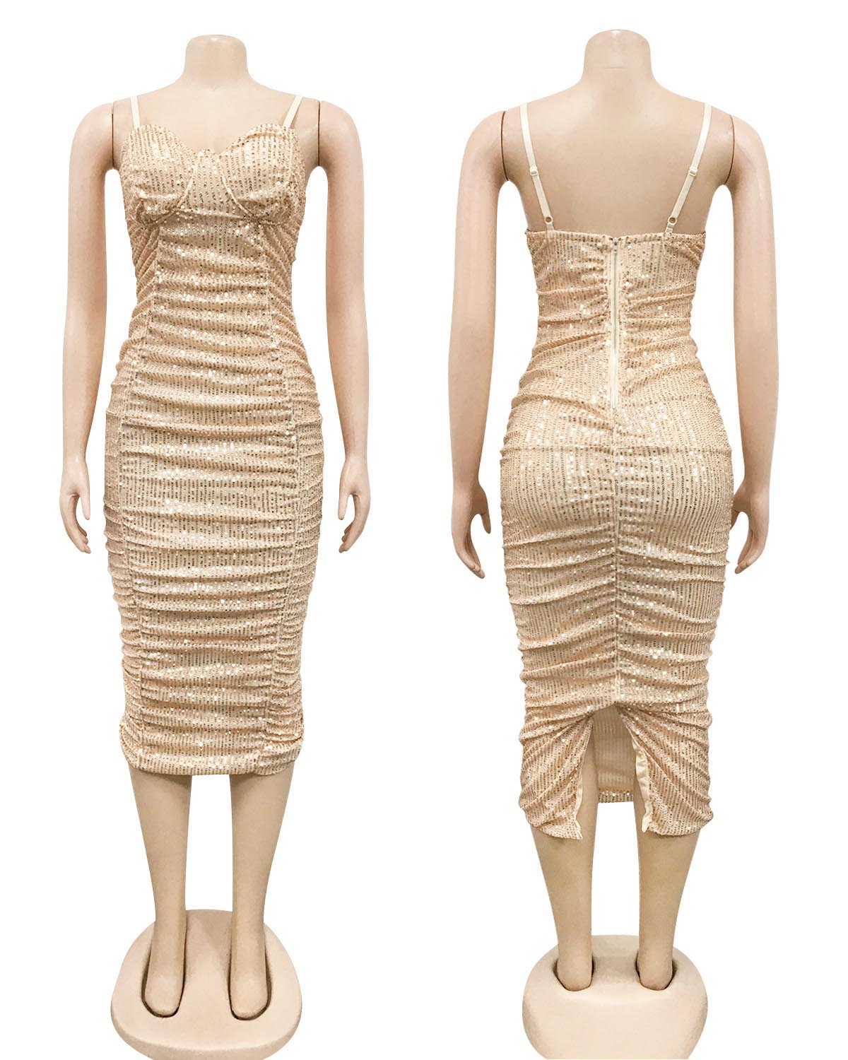 Ruched Sequin Midi Dress Apricot