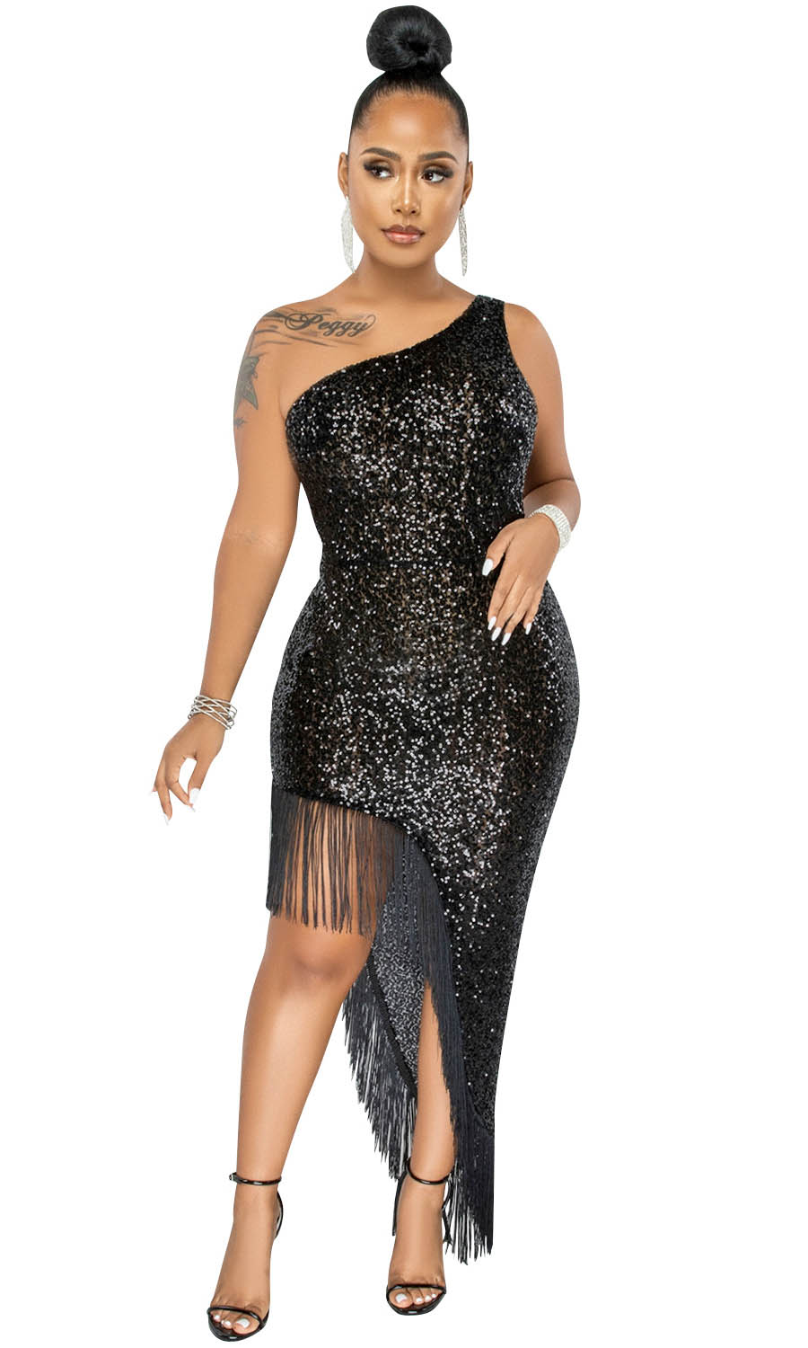 Asymmetrical Sequin Bodycon Dress Black