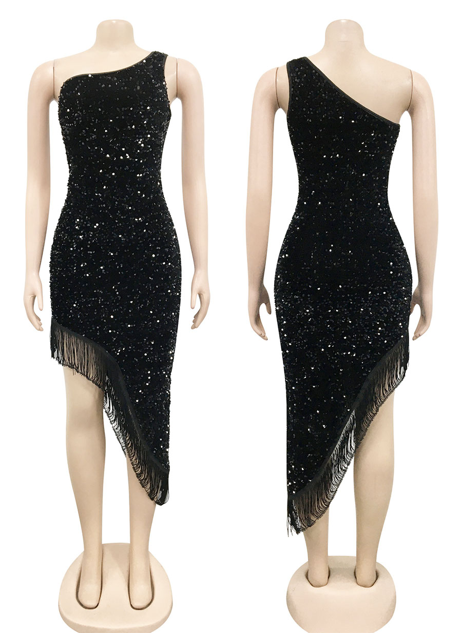 Asymmetrical Sequin Bodycon Dress Black