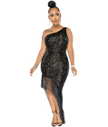 Asymmetrical Sequin Bodycon Dress Black