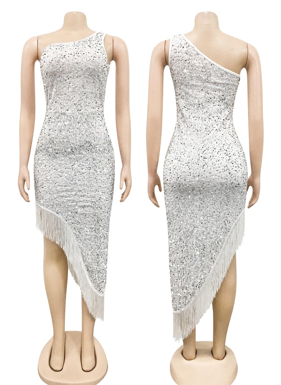 Asymmetrical Sequin Bodycon Dress White