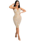 Rhinestone Bodycon Midi Dress Apricot