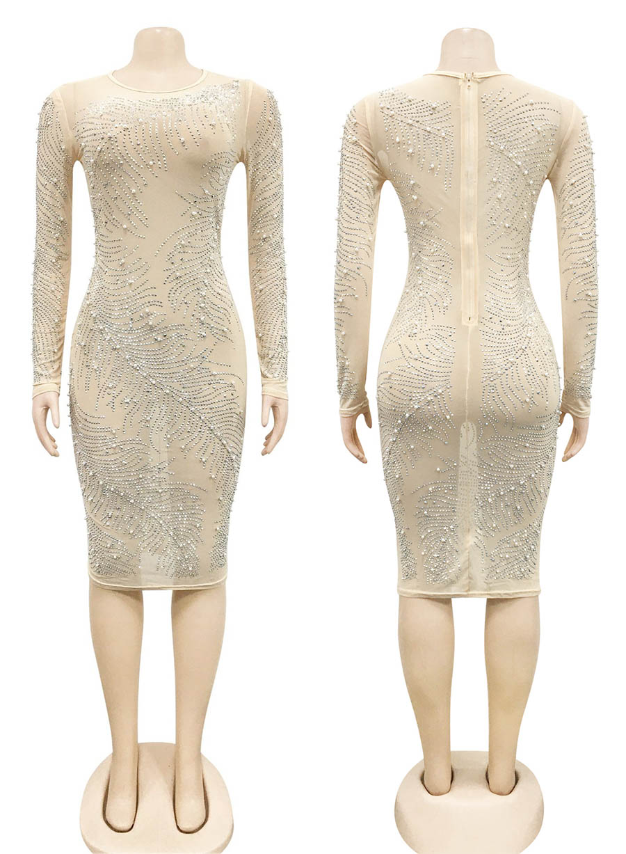 Bodycon Rhinestone Dress Apricot