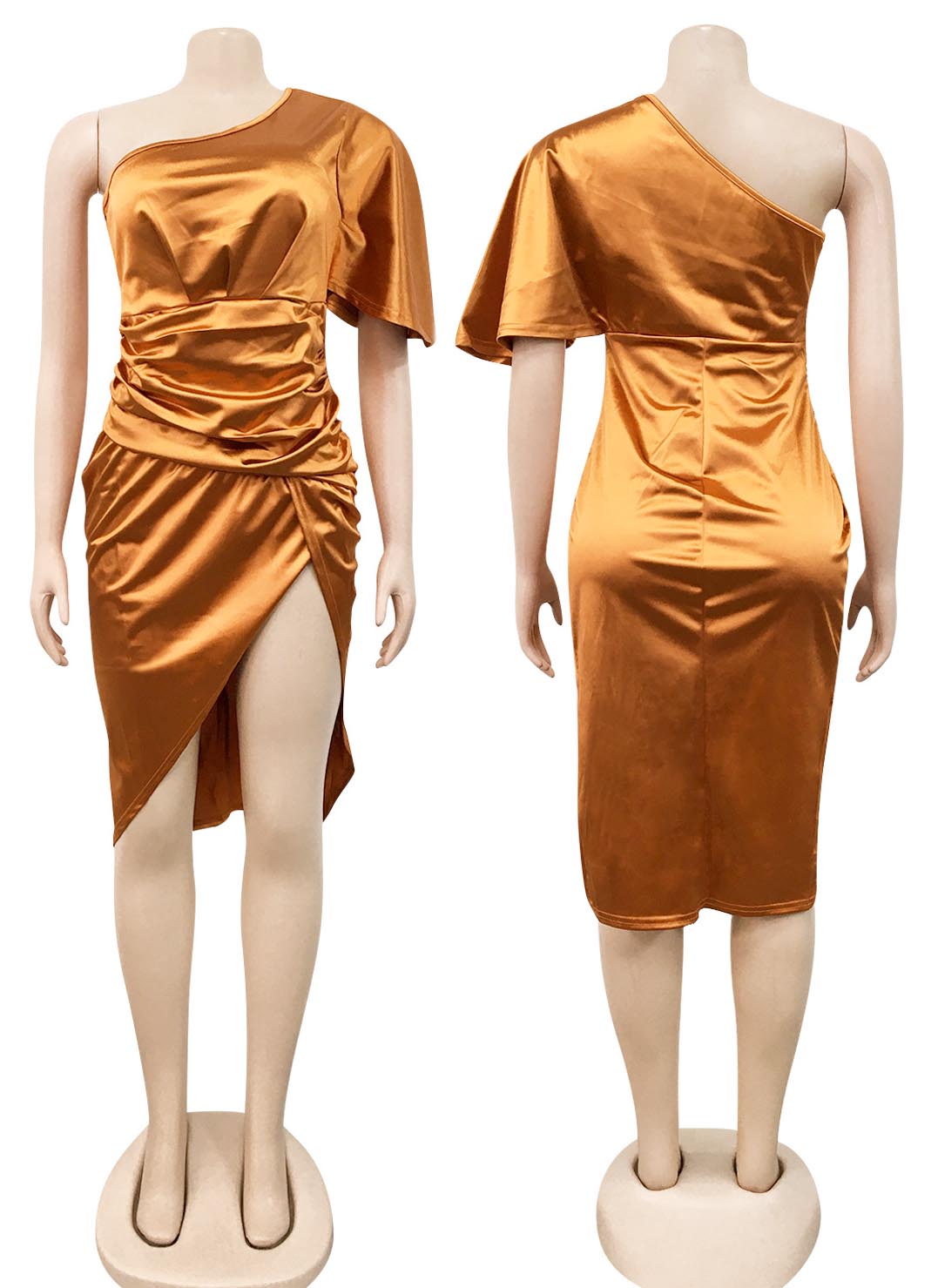 Asymmetrical Satin Dress Brown