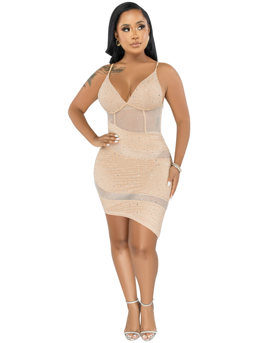 Flash Rhinestone Dress Apricot