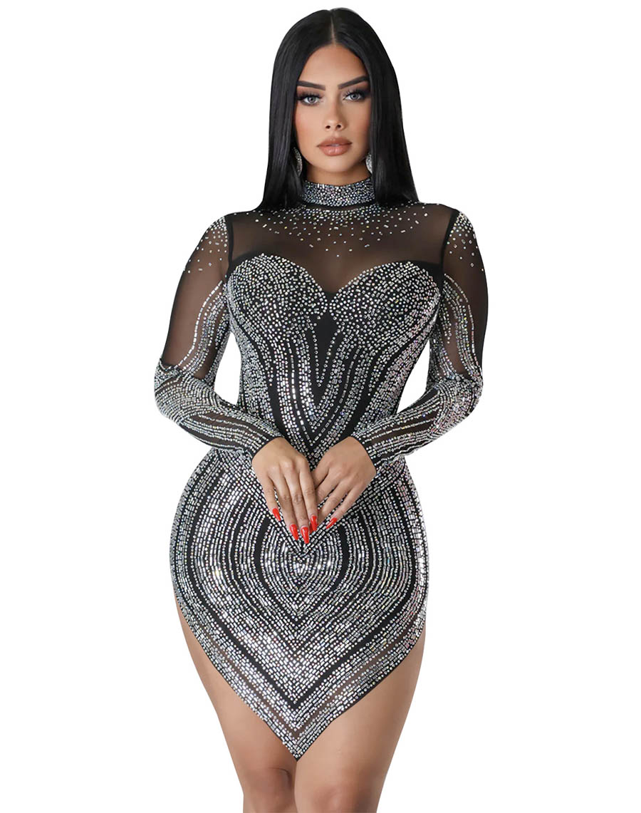 Rhinestone Translucence Mesh Mini Dress