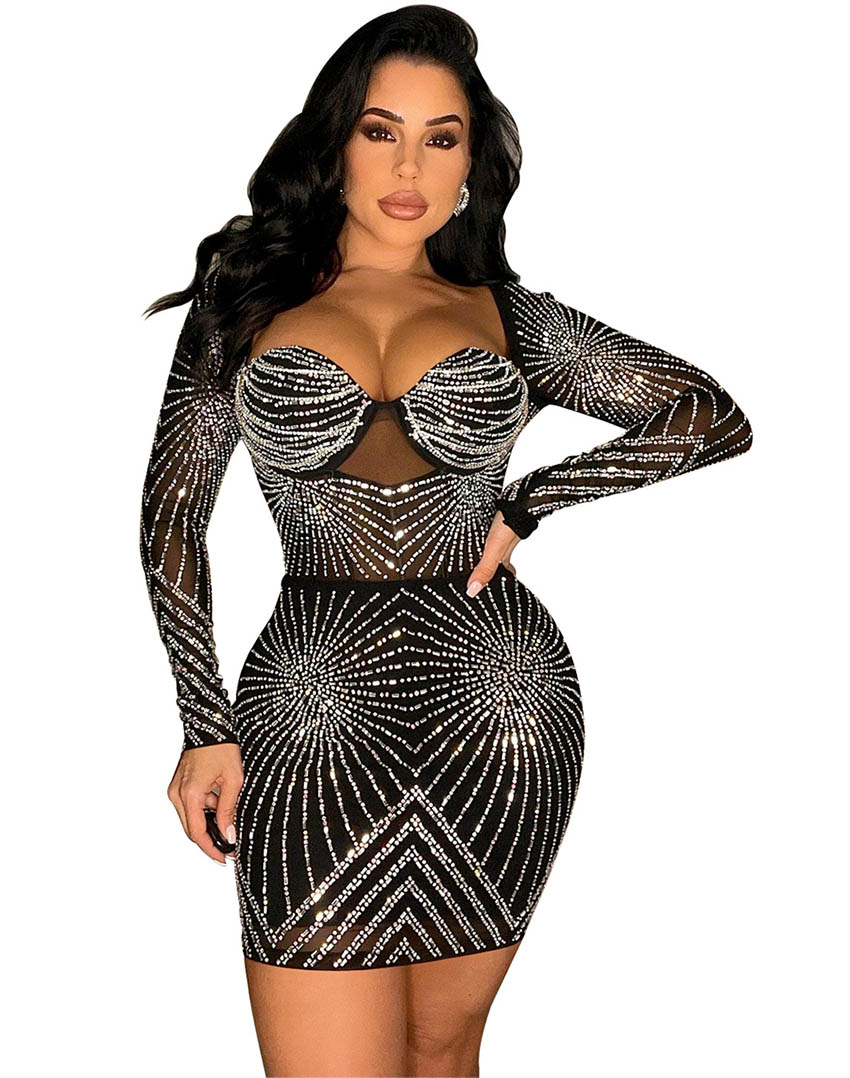 Deluxe Rehinestone Mesh Dress Black