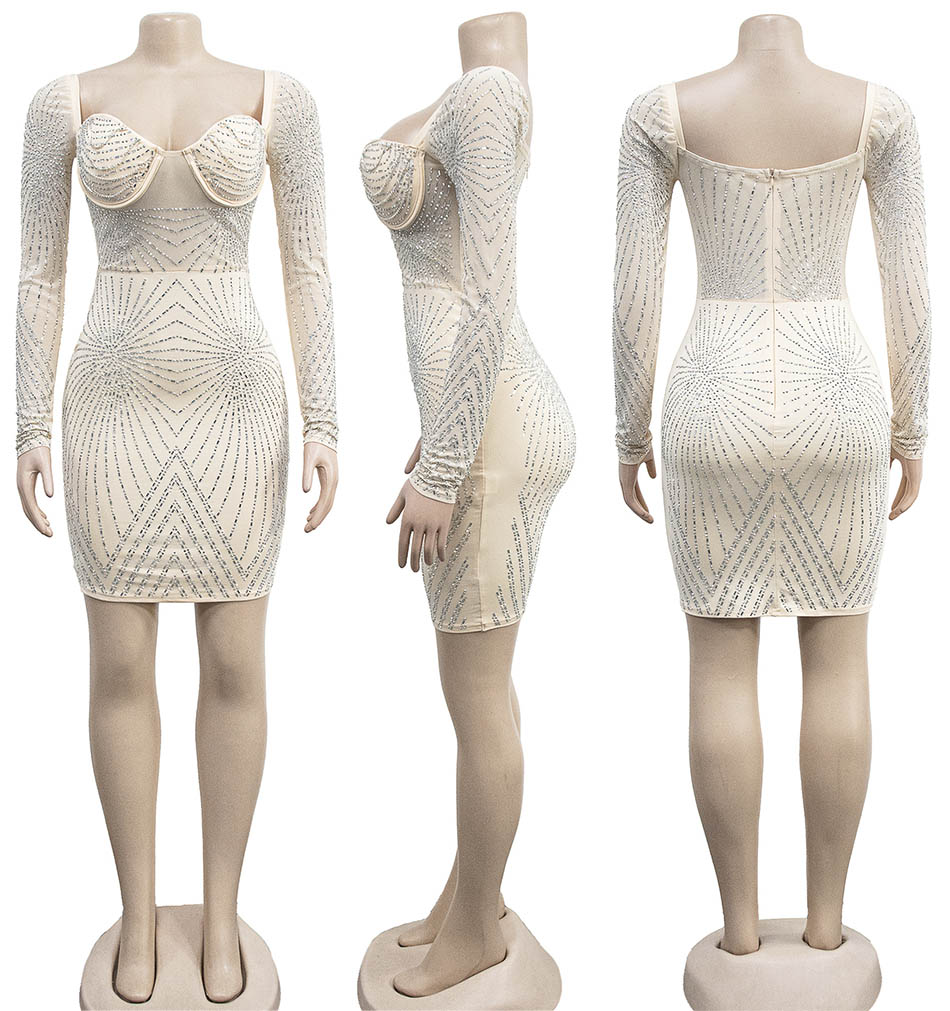 Deluxe Rehinestone Mesh Dress Apricot