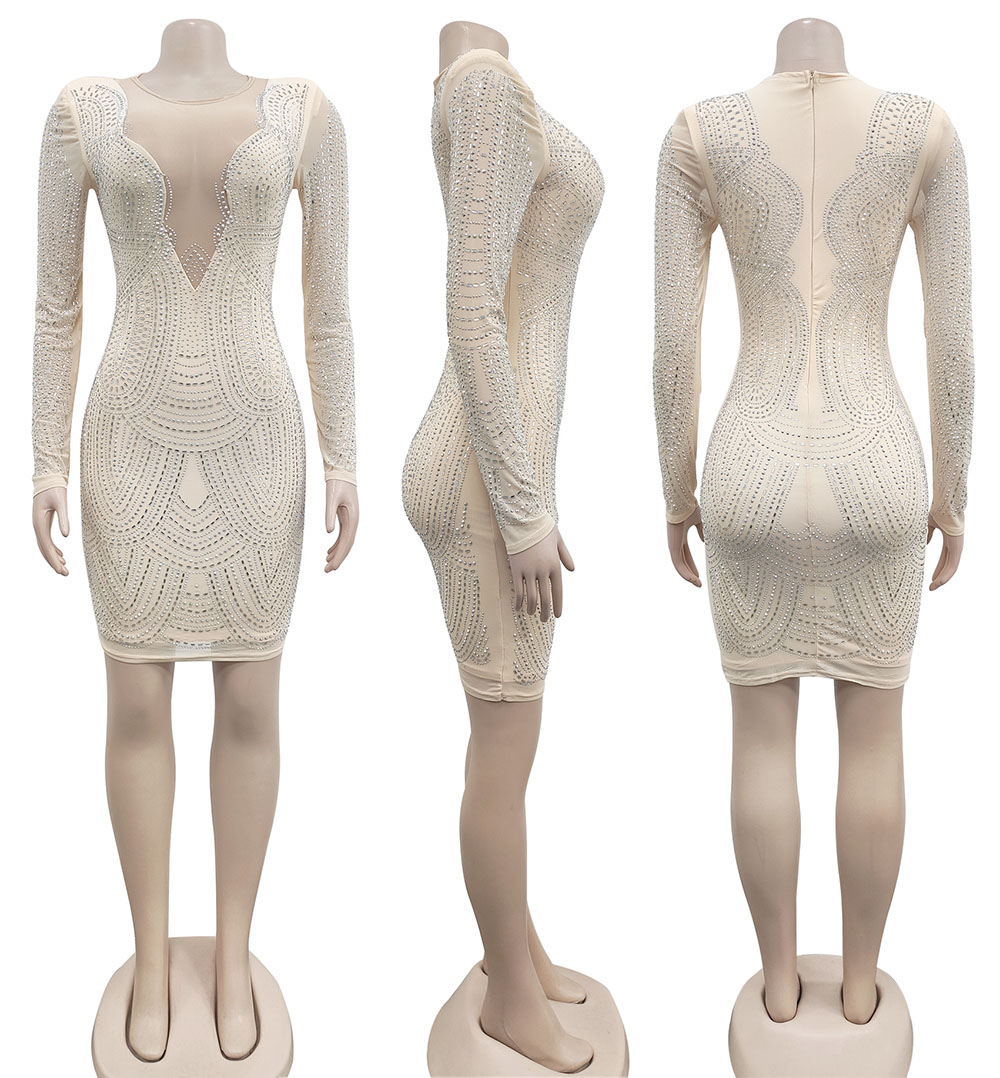 Exclusive Rhinestone Mesh Dress Apricot