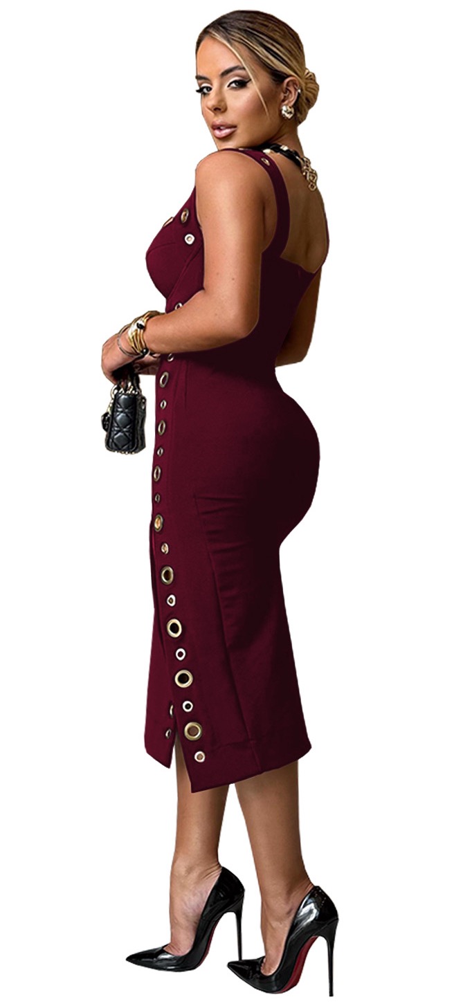 Buckles Decoration Bodycon Dress Red