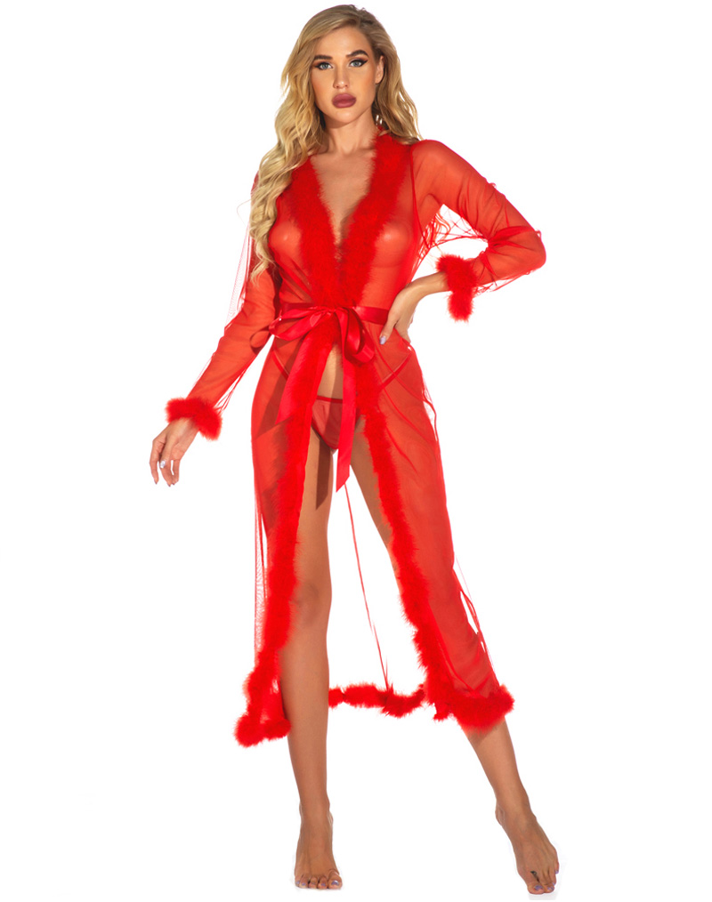 Sexy Fur Trim Long Robe Red