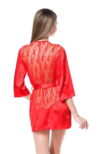 Charmeuse Robe Lace Detail and G-String Red