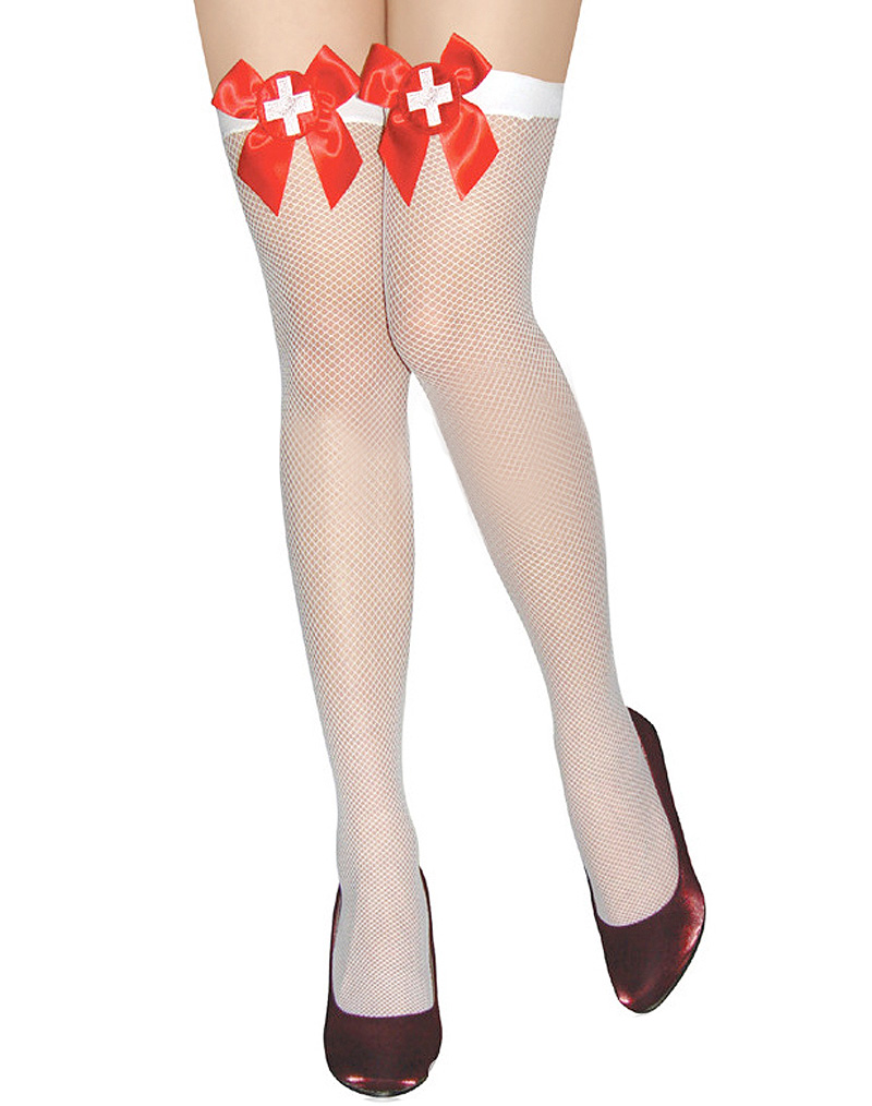 Fishnet Thigh High with Stain Bow and Nurse Badge