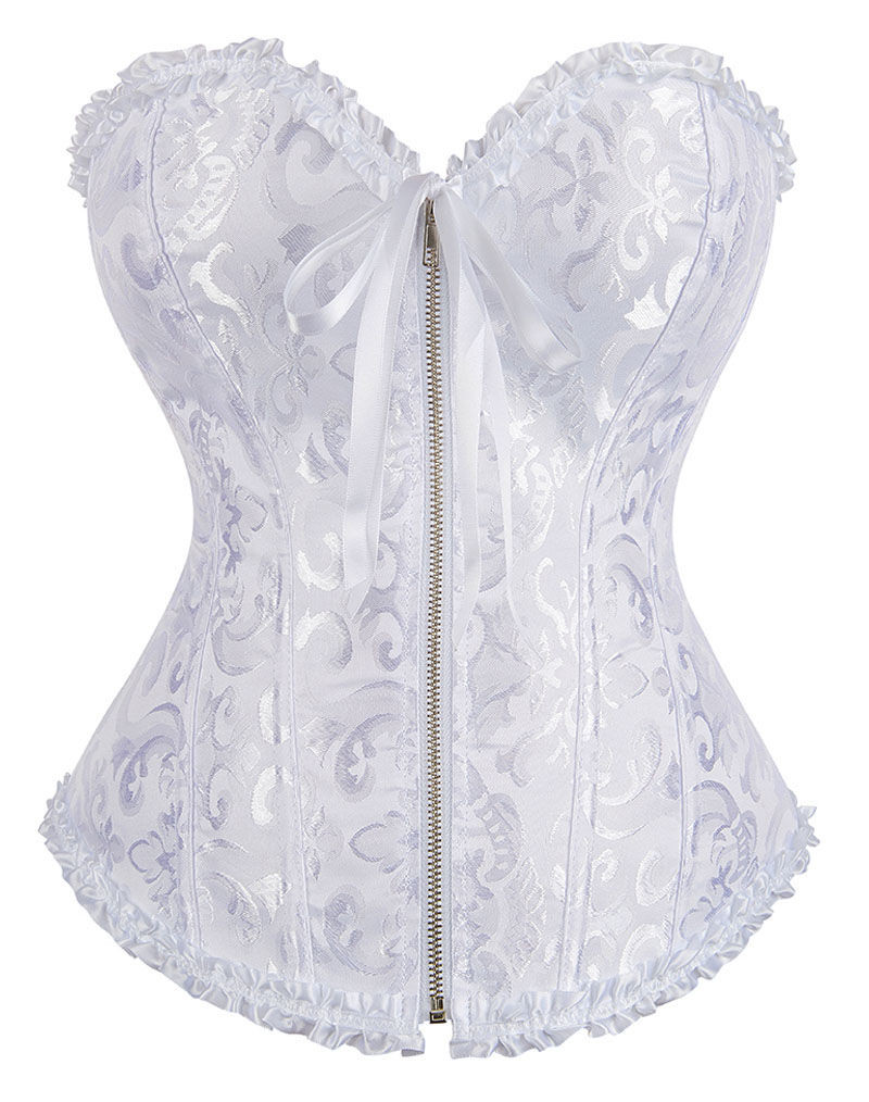 Gothic Brocade Corset White with Zipper Front