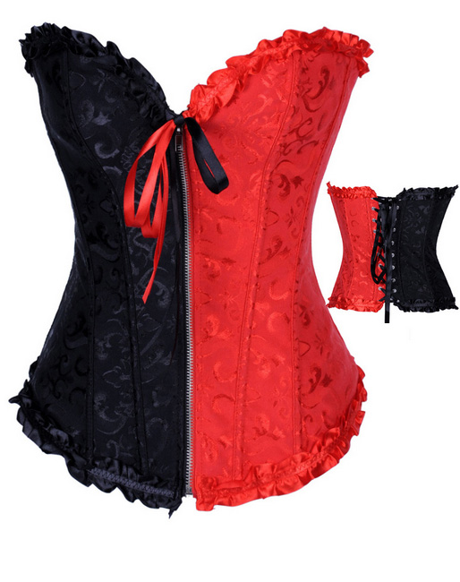 Gothic Brocade Corset Black/Red With Zipper Front