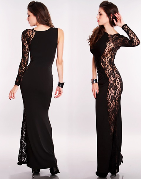 One Shoulder Lace Long Sleeve Gown Black - Wholesale Lingerie,Sexy ...