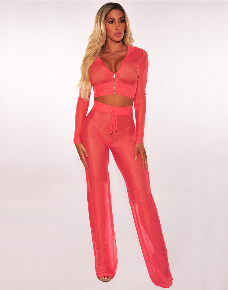 Mesh Hoodie Cover Up Two Piece Set Pink