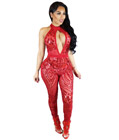 Sexy Sequined Bodycon Jumpsuit Red