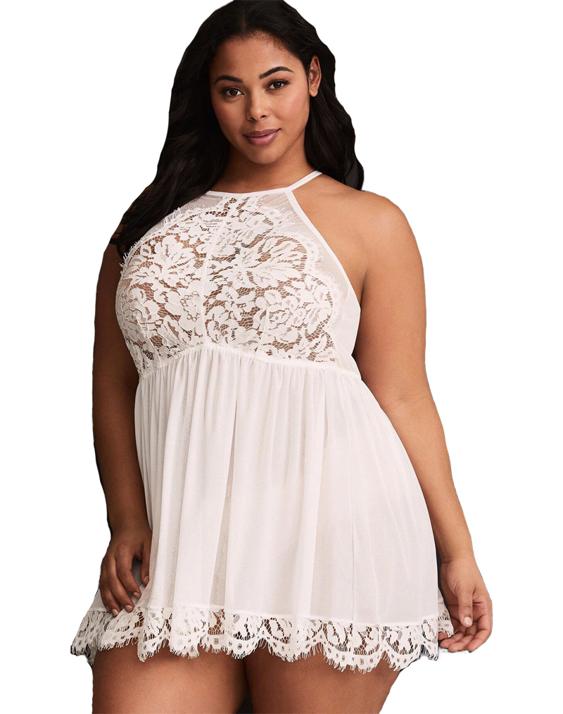 Plus Size High Neck Lace Babydoll White