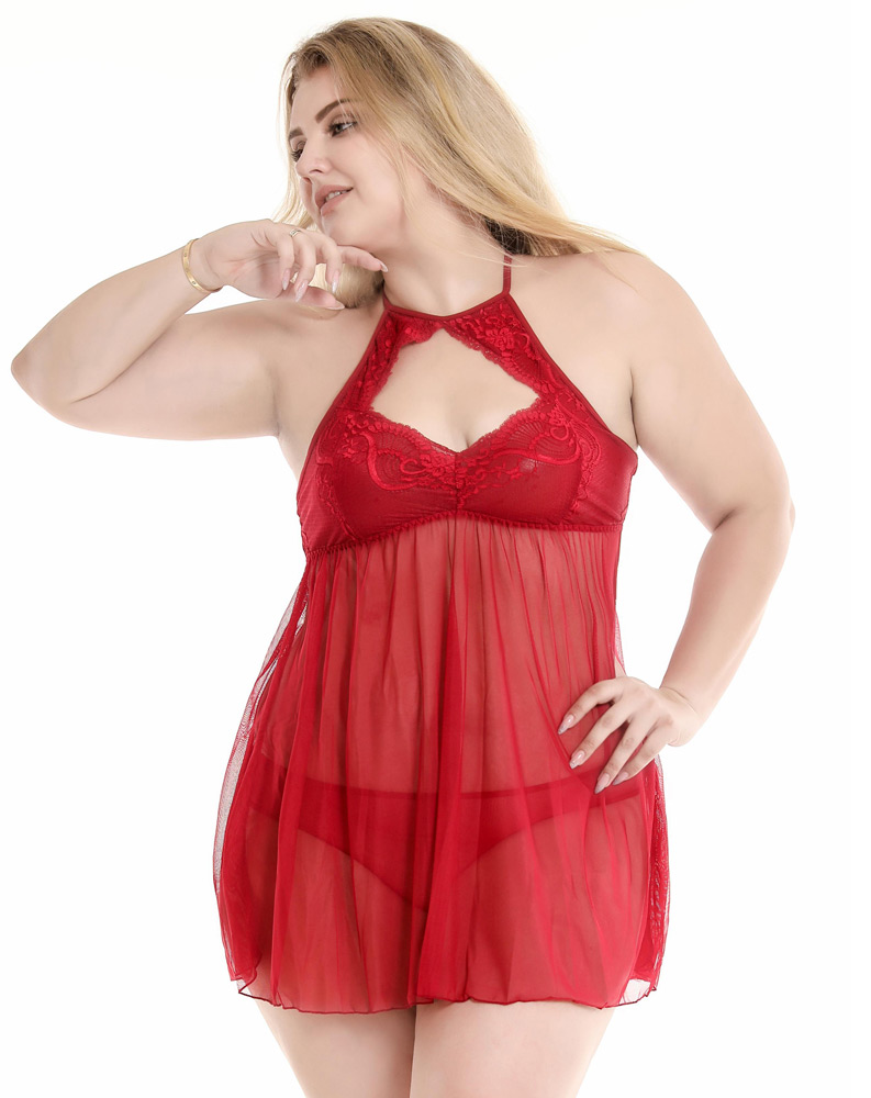 Plus Size Lace Halter Babydoll Red