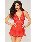 Lace and Mesh Halter Babydoll Set Red