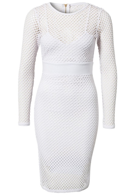 White Sheath Dress with Net Cut Out Long Sleeve - Wholesale Lingerie ...
