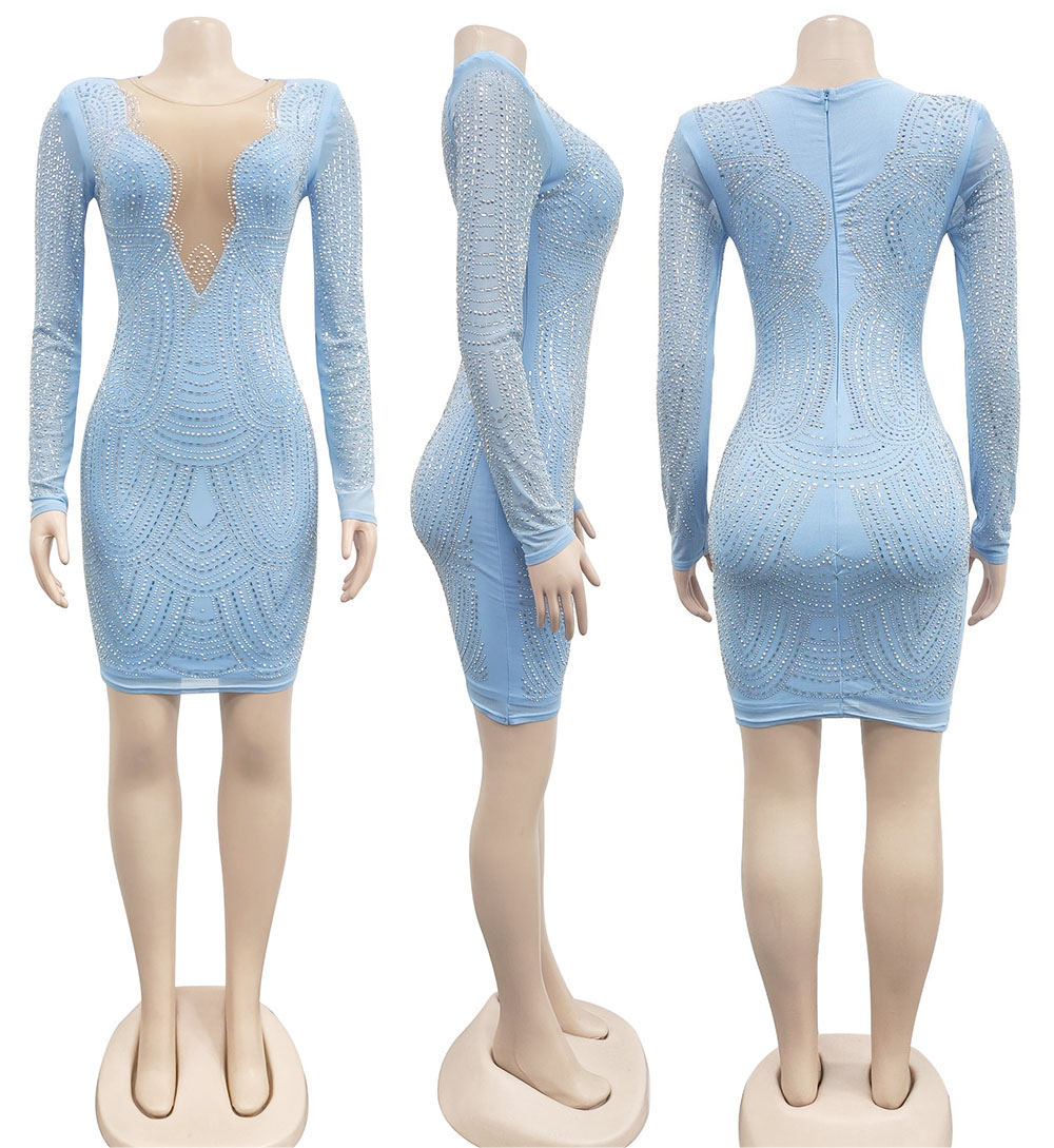 Exclusive Rhinestone Mesh Dress Blue